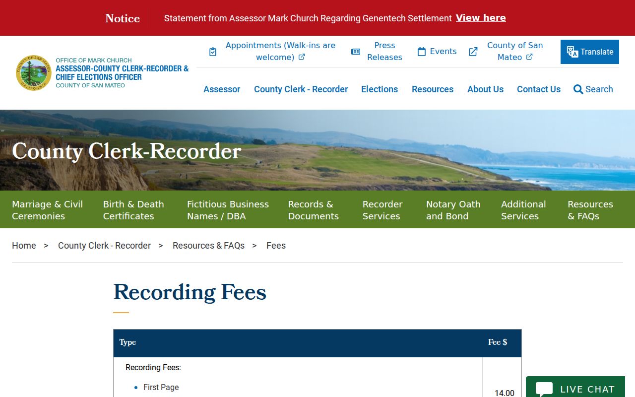 San Bruno previous residents recorder fee information
