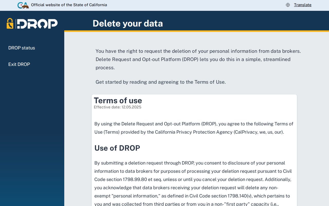 San Bruno ZIP code directory DROP consumer request system